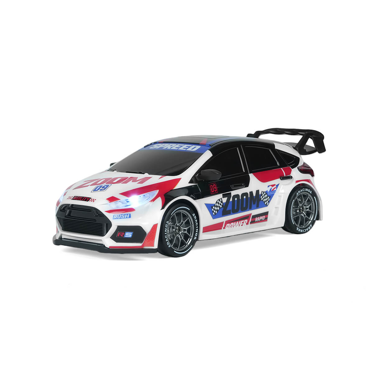 4WD RC rally car with shock absorbing suspension fornt angle view red all terrain remote control car