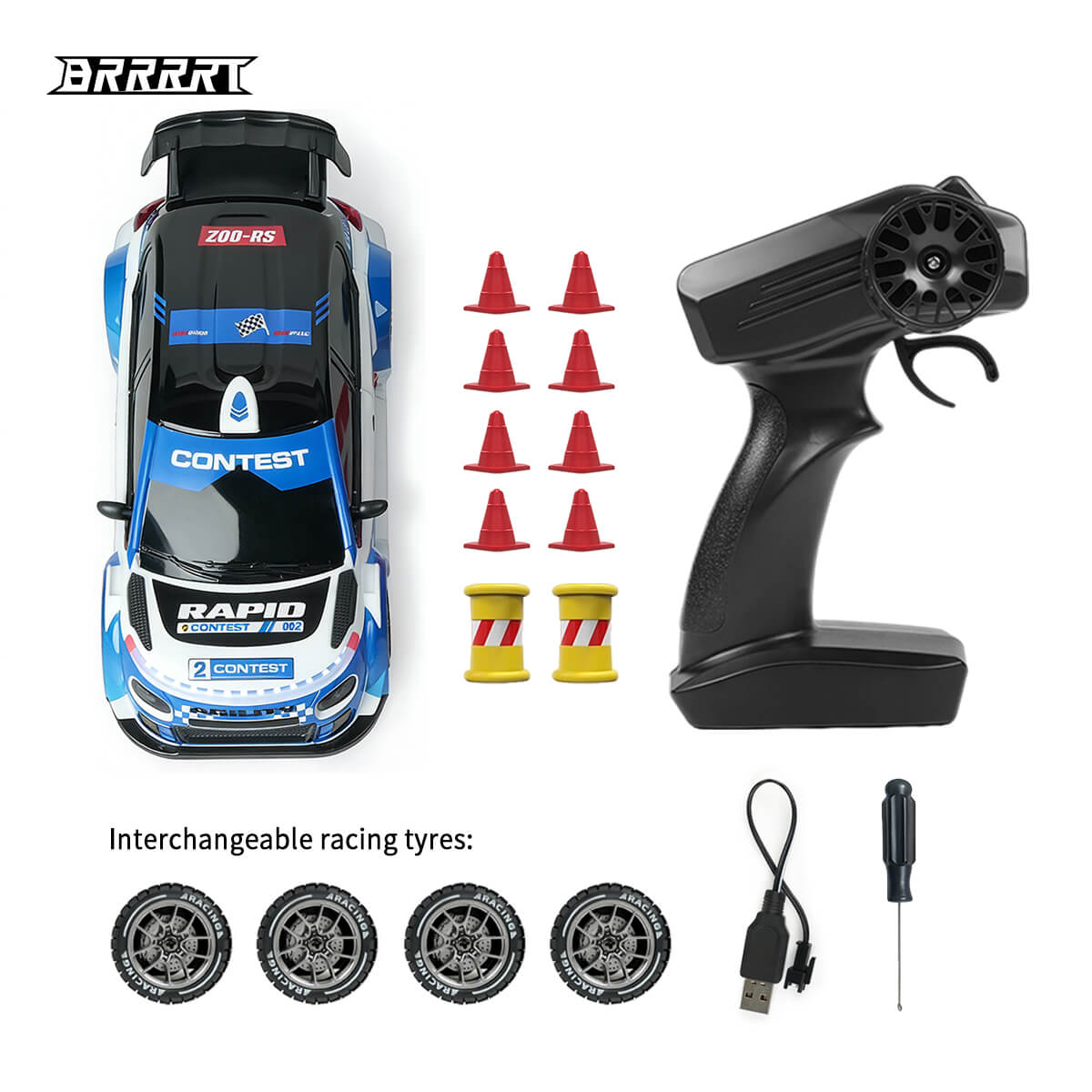RC Rally Car with Interchangeable Racing Tyres, Remote Control and Accessories -BRRRRT