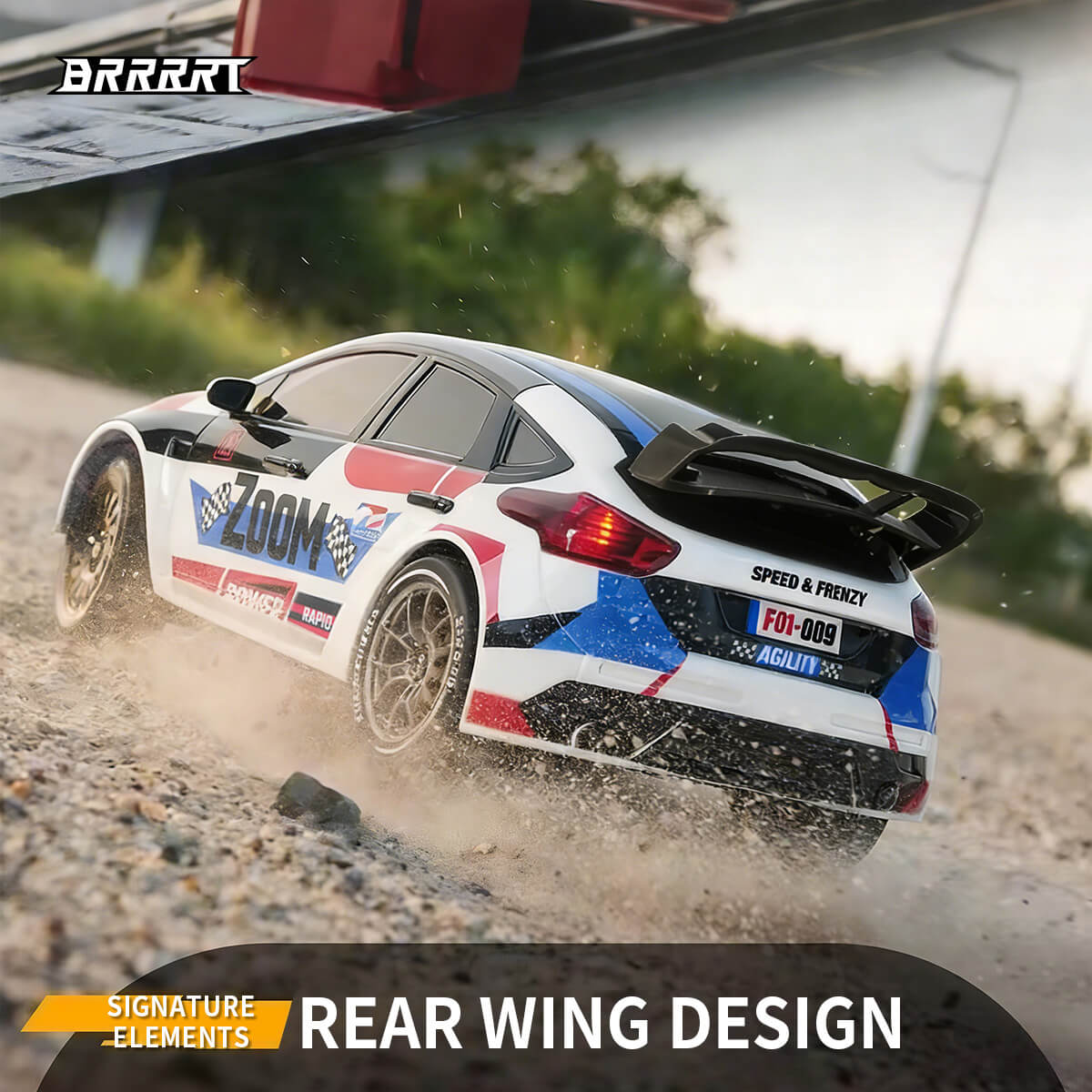 RC Rally Car Rear Wing Design with Dusty Off-Road Racing Scene, Signature Features -BRRRRT