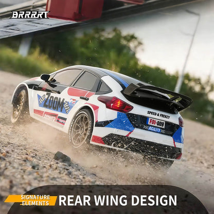 RC Rally Car Rear Wing Design with Dusty Off-Road Racing Scene, Signature Features -BRRRRT
