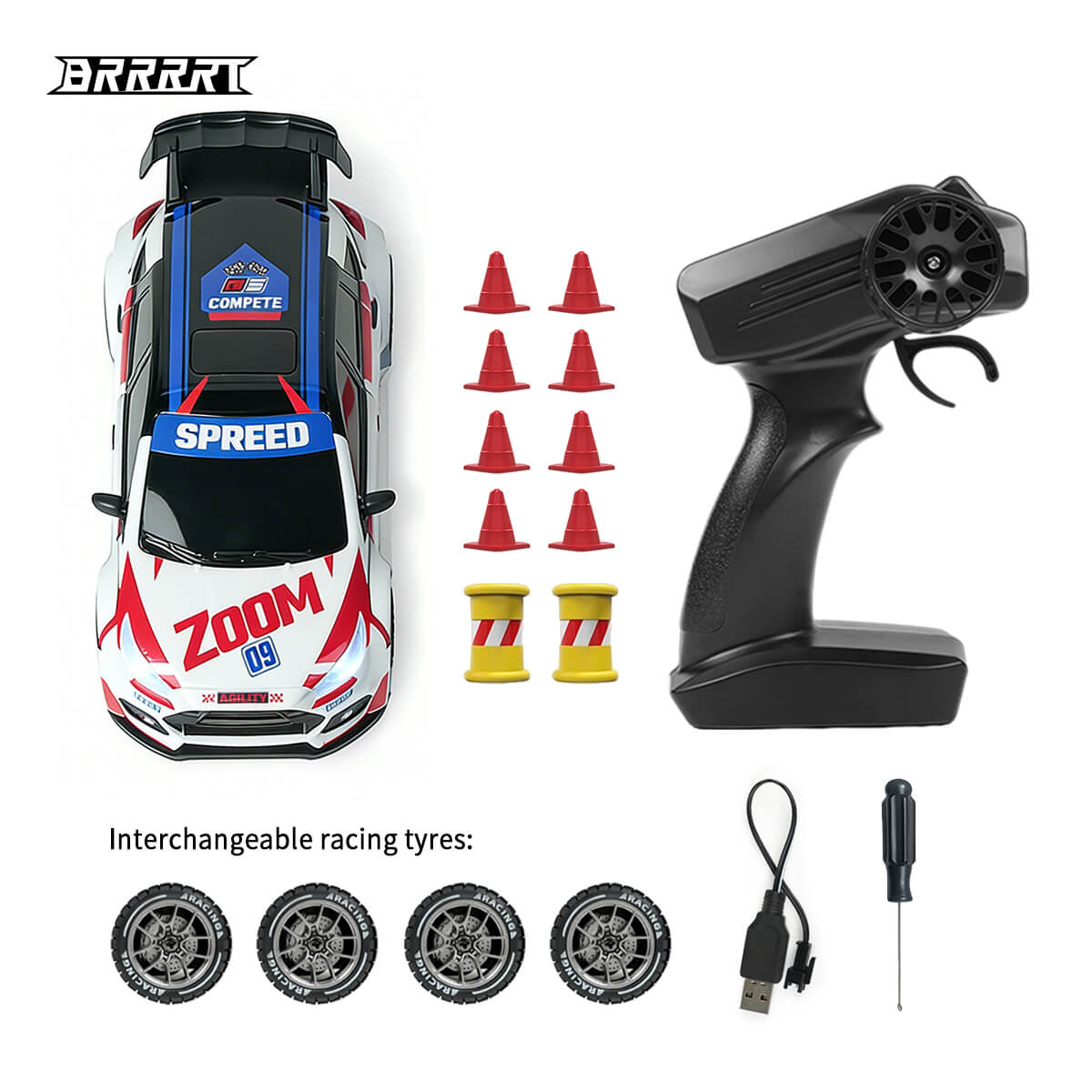 RC Rally Car with Interchangeable Racing Tyres, Remote Control and Accessories -BRRRRT