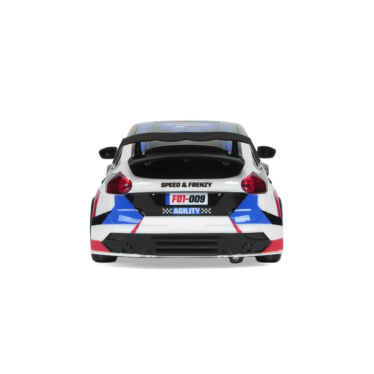 rear view of 4WD RC rally car with LED tail lights and shock absorbing system for all terrain driving