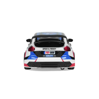 rear view of 4WD RC rally car with LED tail lights and shock absorbing system for all terrain driving