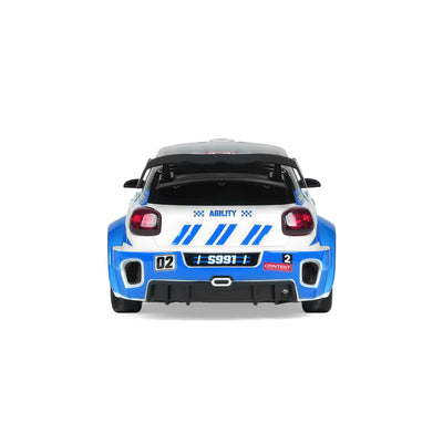 rear view of 4WD RC rally car with LED tail lights and shock absorbing system for all terrain driving