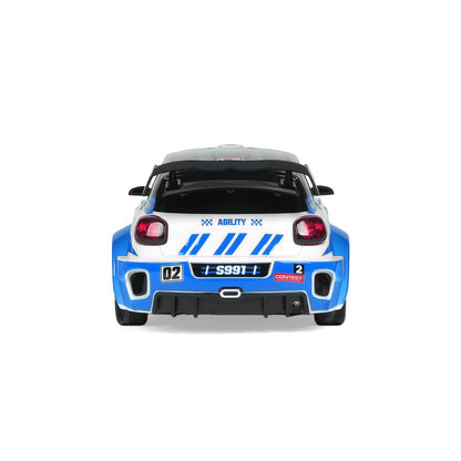 rear view of 4WD RC rally car with LED tail lights and shock absorbing system for all terrain driving