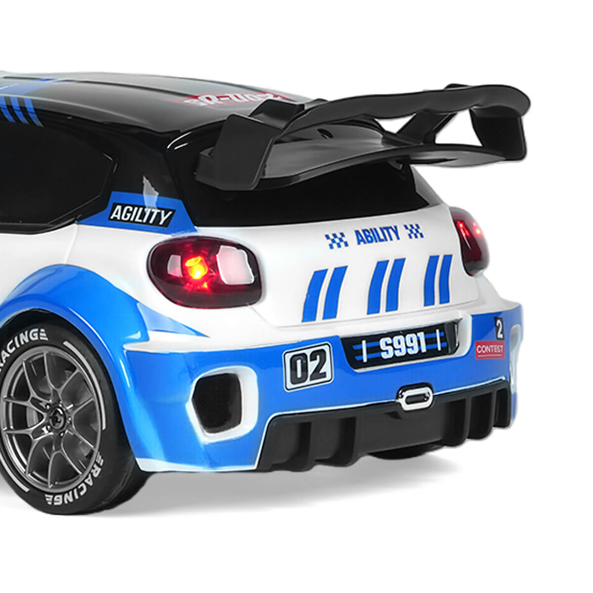 rear wing spoiler detail of 4WD RC rally car designed for stability and high speed control