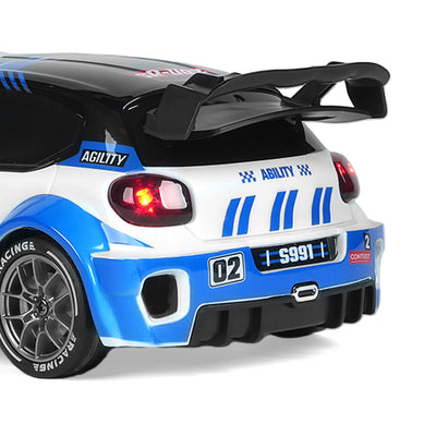 rear wing spoiler detail of 4WD RC rally car designed for stability and high speed control