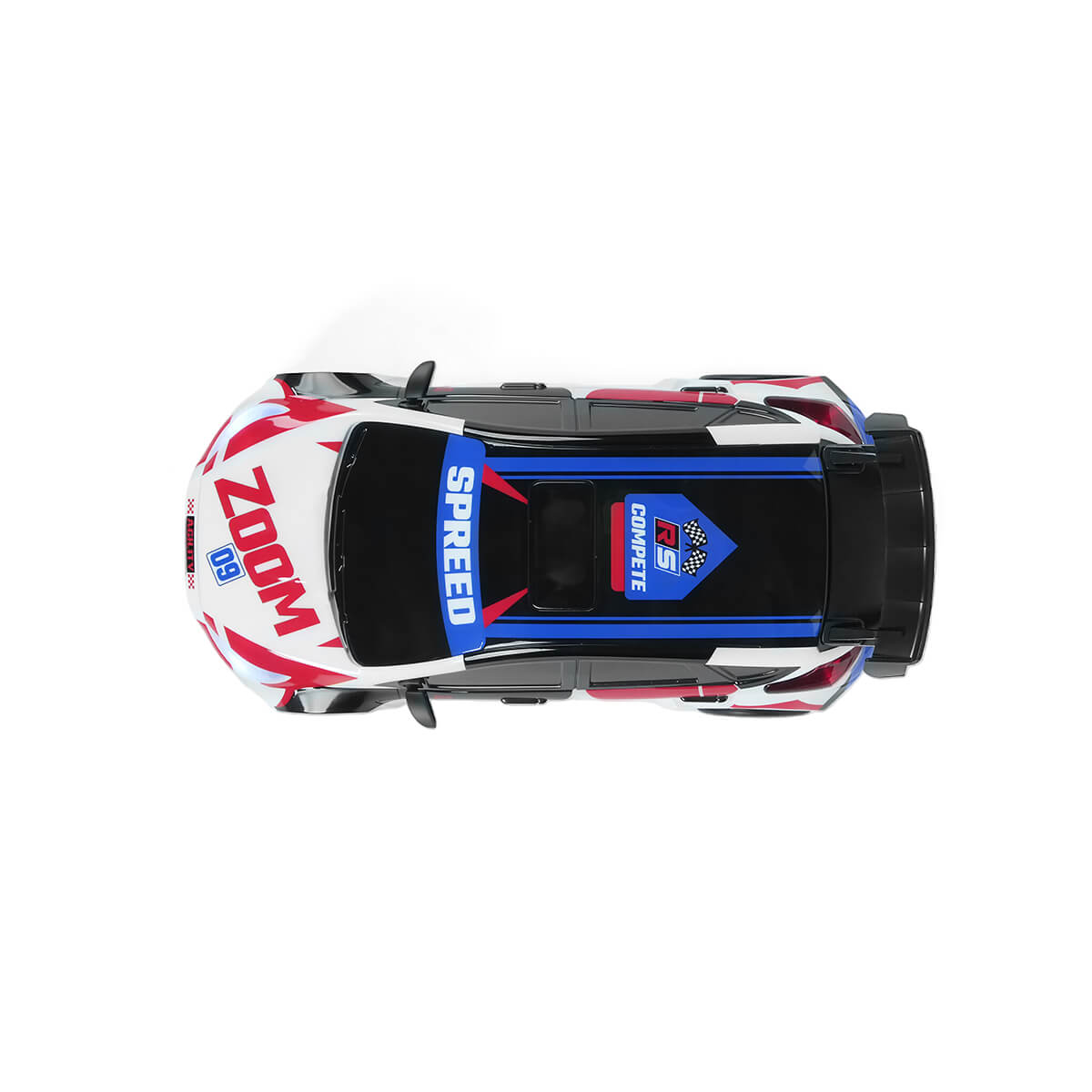 top view of 4WD RC rally car showing racing decals and aerodynamic body design