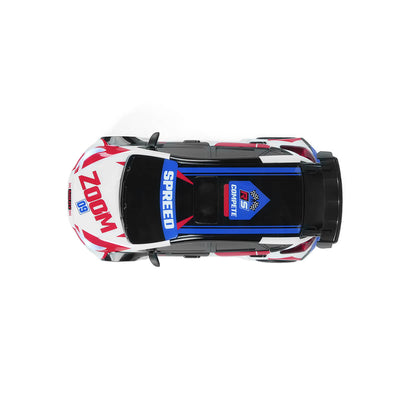 top view of 4WD RC rally car showing racing decals and aerodynamic body design
