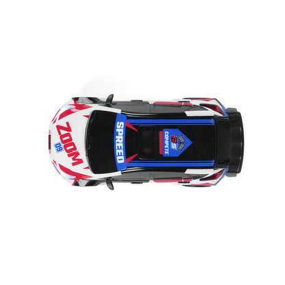 top view of 4WD RC rally car showing racing decals and aerodynamic body design