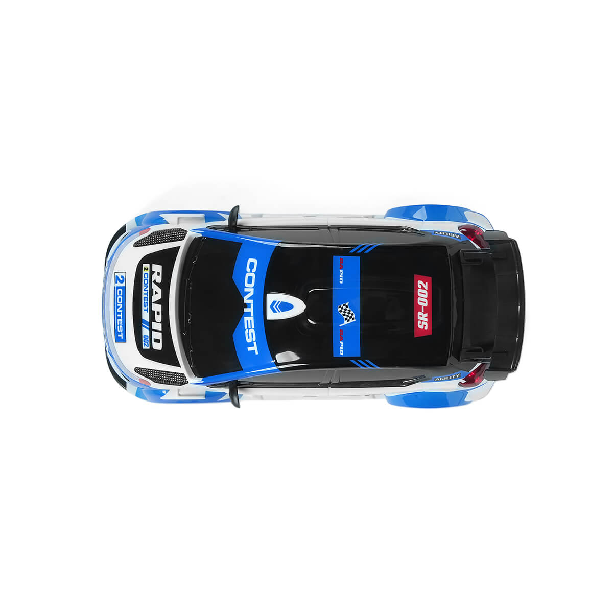 top view of 4WD RC rally car showing racing decals and aerodynamic body design