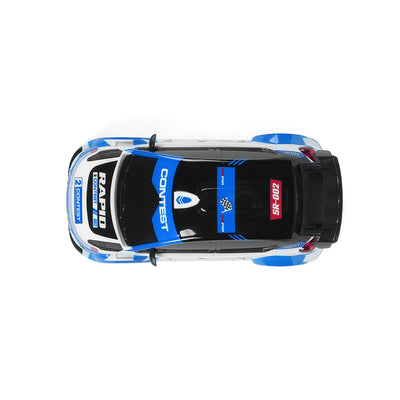 top view of 4WD RC rally car showing racing decals and aerodynamic body design