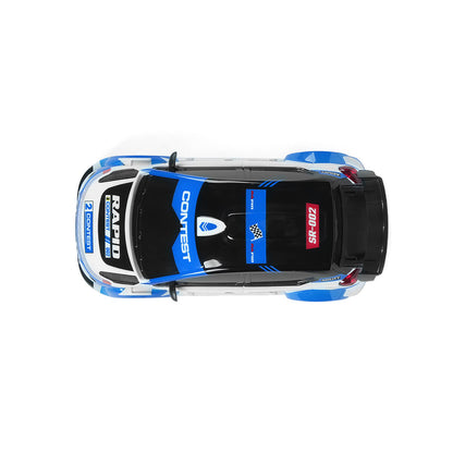 top view of 4WD RC rally car showing racing decals and aerodynamic body design