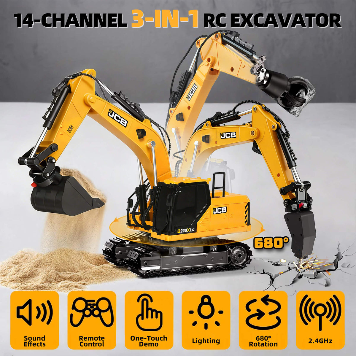 Remote-Controlled Excavator Toy with 3 Interchangeable Attachments - BRRRRT