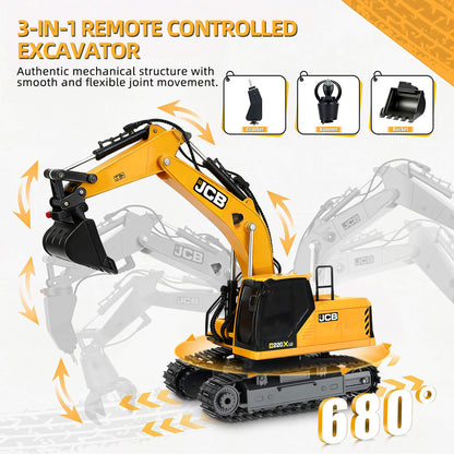Remote-Controlled Excavator Toy With 3 Interchangeable Attachments Rotating Arm Demonstration Indoor Studio Scene 680 Degree Rotation -BRRRRT