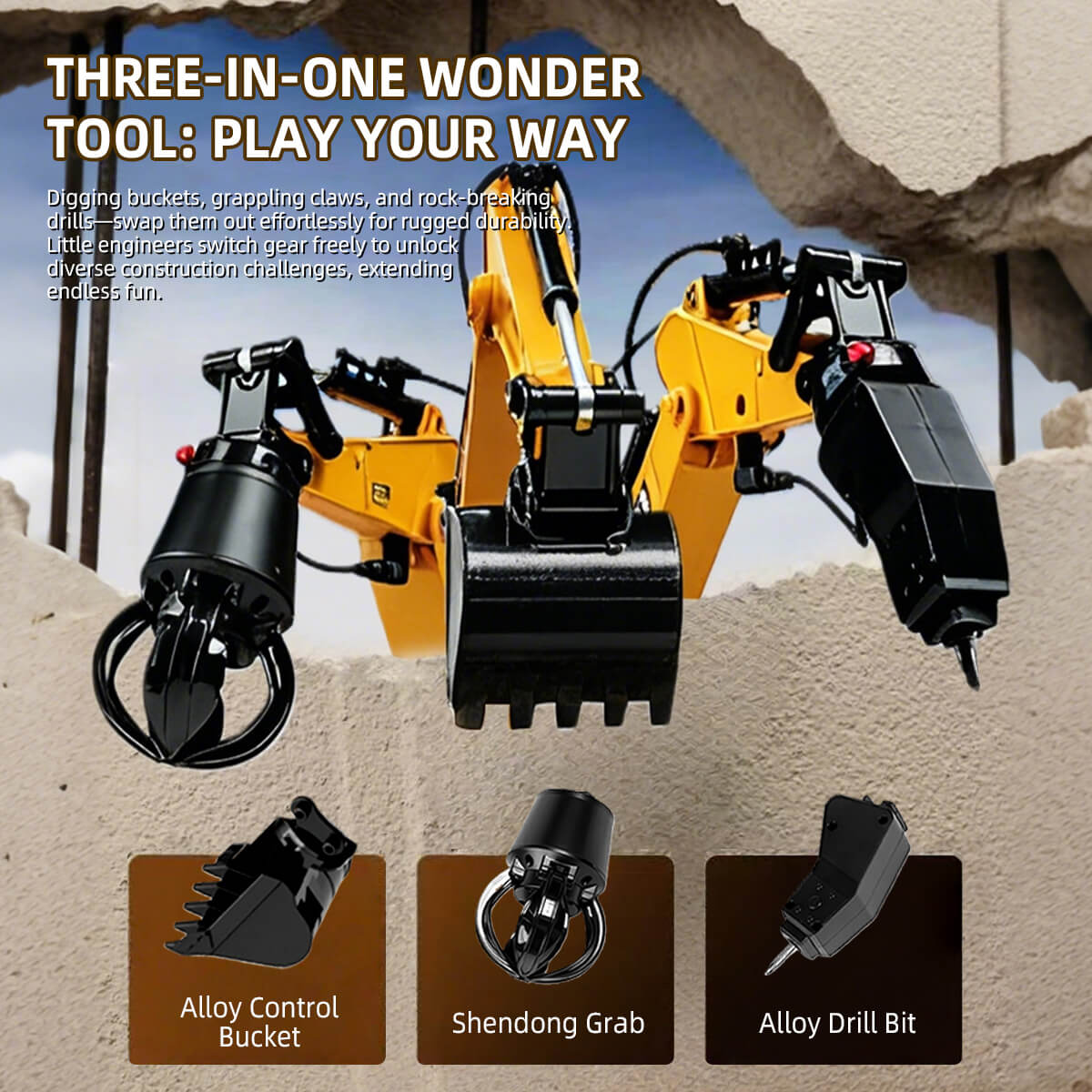 Remote-Controlled Excavator Toy - 3-in-1 Tool Switching for Versatile Tasks -BRRRRT