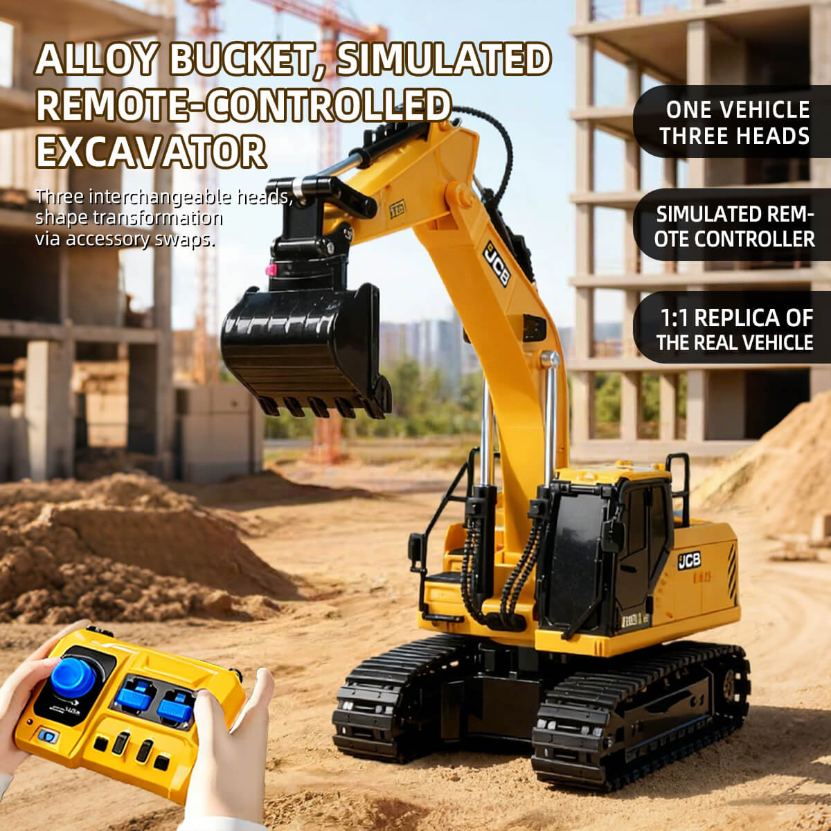 Remote-Controlled Excavator Toy - Simulator with 3 Replacement Heads - BRRRRT