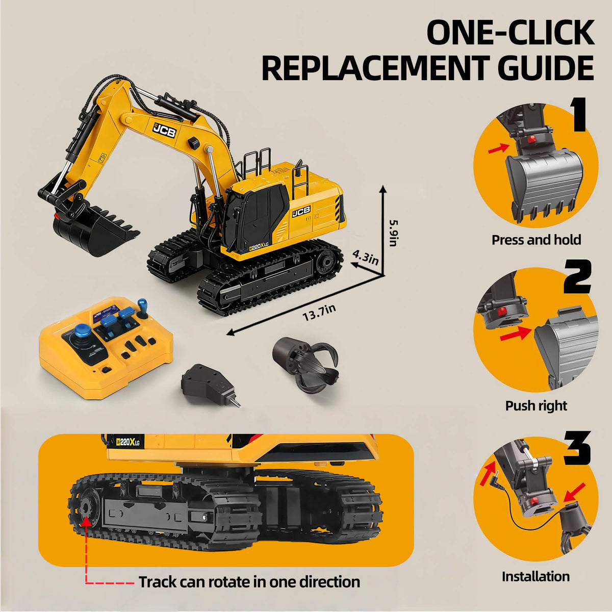 Remote-Controlled Excavator Toy with 3 Interchangeable Attachments - BRRRRT